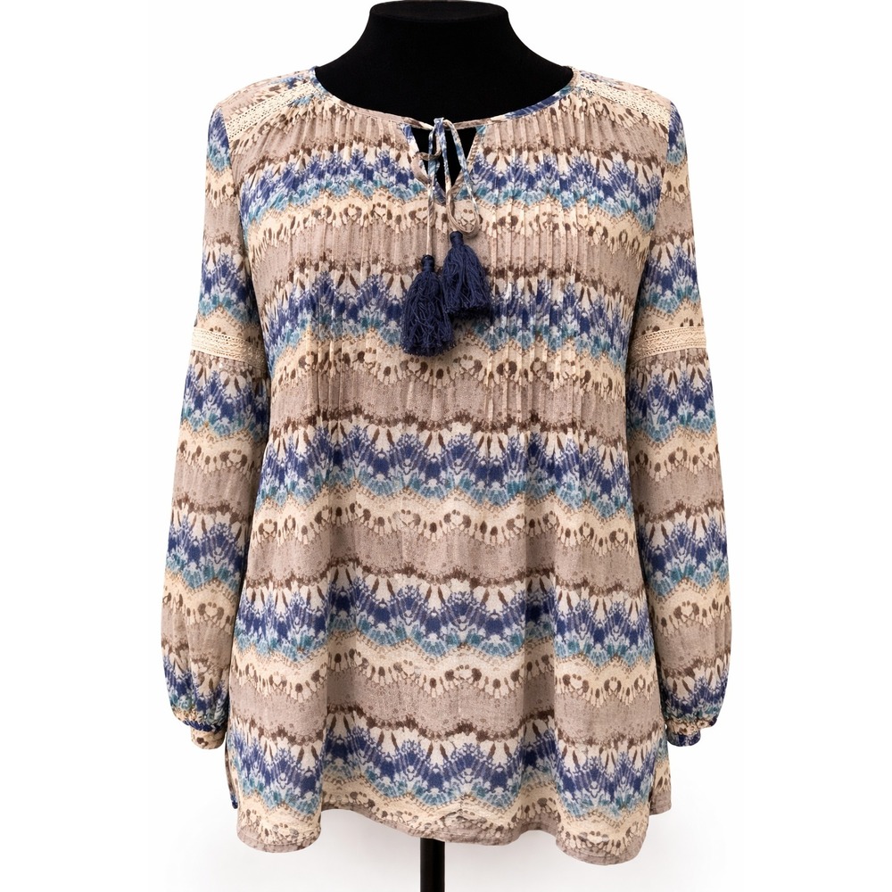 Sundance‎ Womens Blouse Top Sz Medium Blue Gray Ikat Print Silk Front Tassel Tie